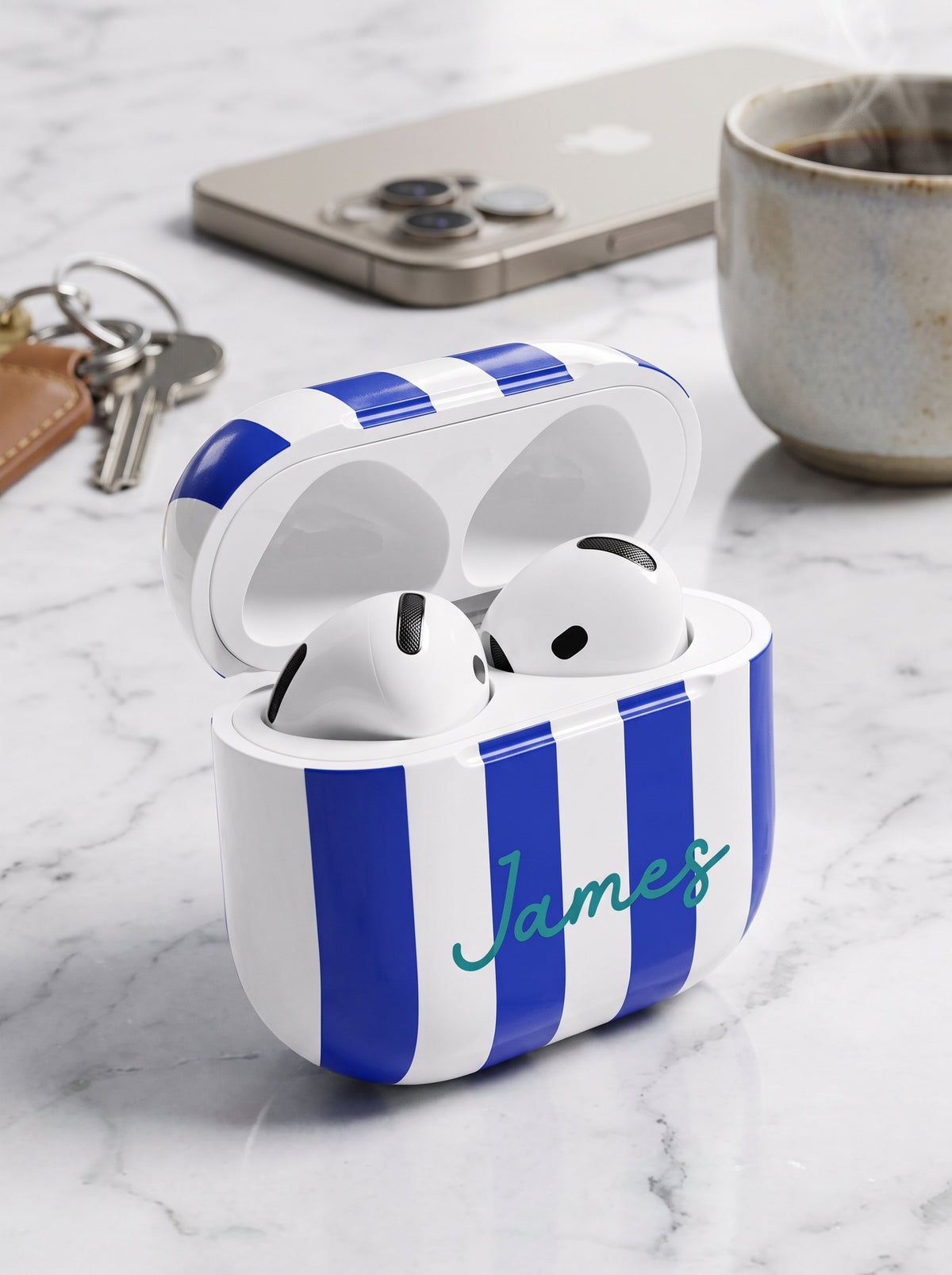 Blue Striped AirPods Case with Personalized Name